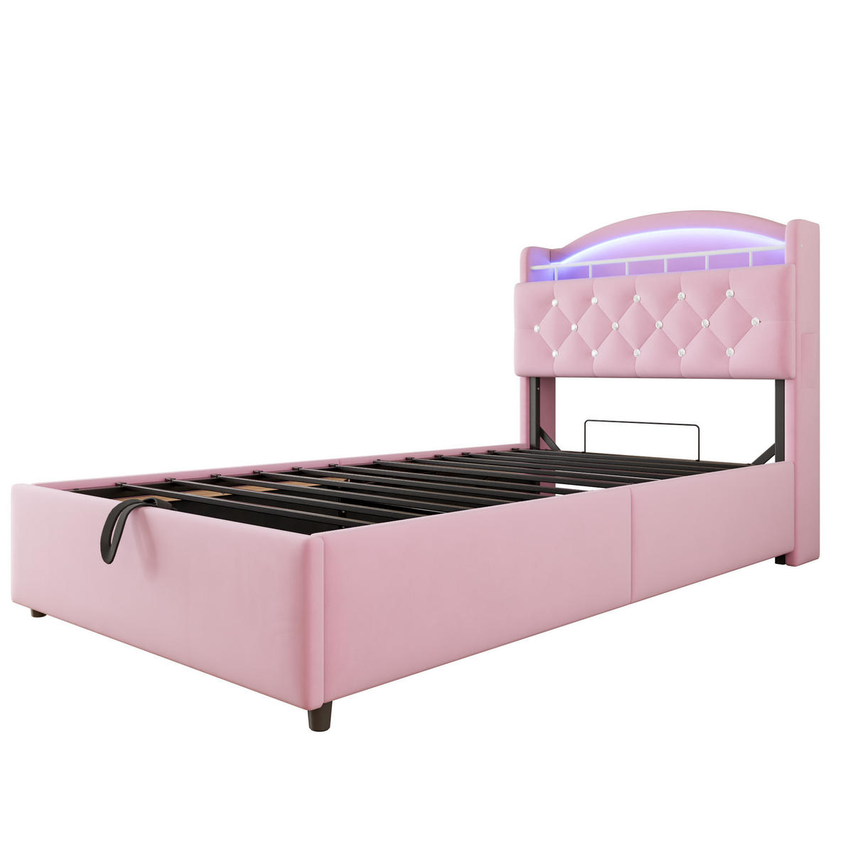 KINDERBETT 90/200 cm mit LED-Beleuchtung, USB-C, Bettkasten und Stauraumfach, Rosa - Pink, Textil (90/200cm) - Redom