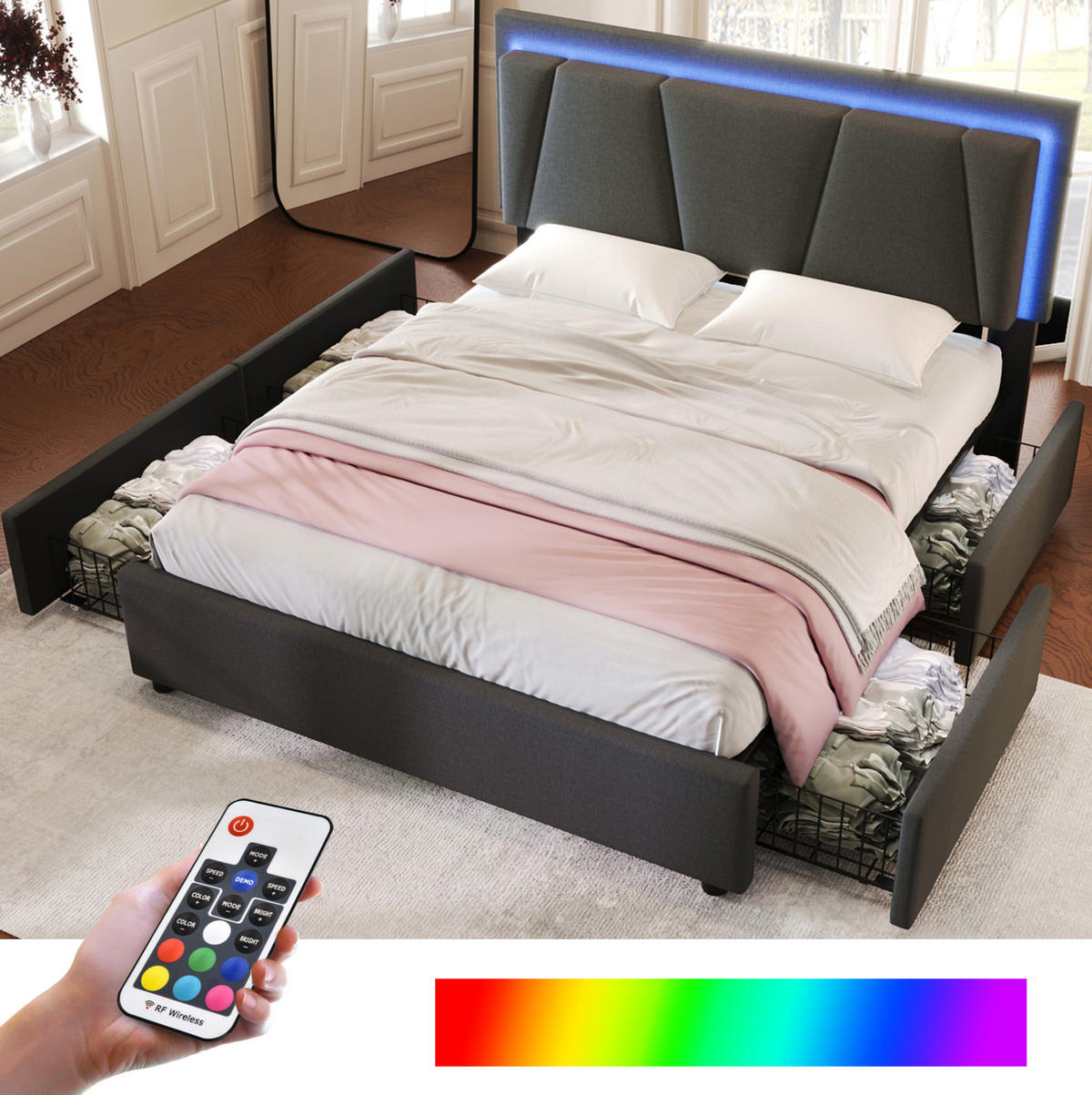 BETT mit LED und 4 Schubladen 140x200 cm Grau - Grau, Holz (140/200cm) - Meubliv