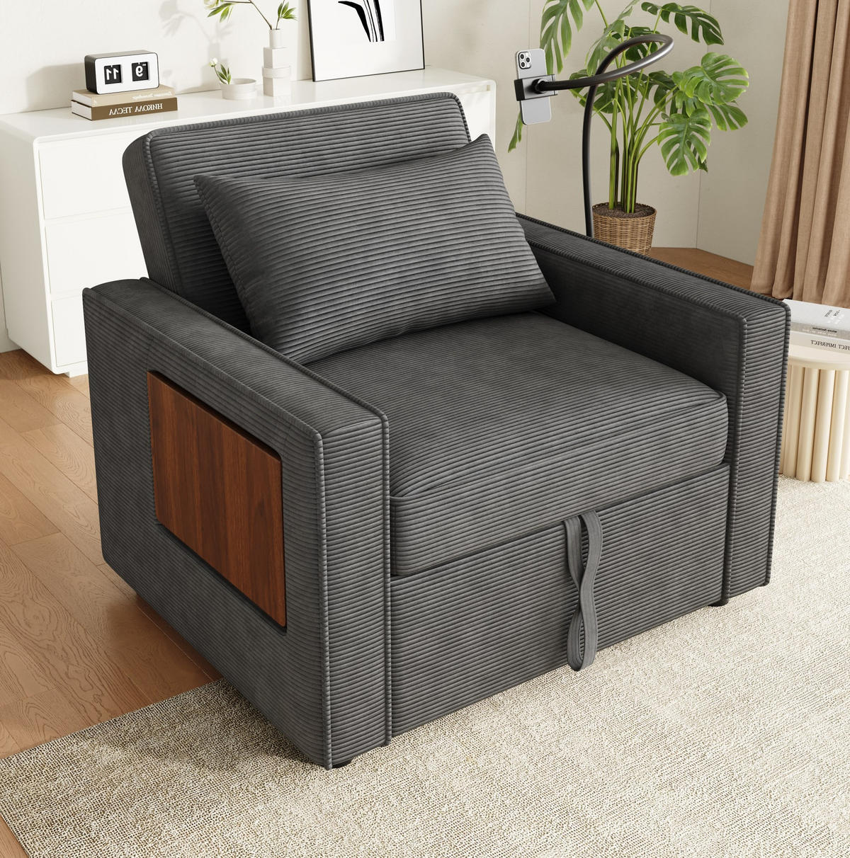 ROZKLÁDACÍ pohovka 93/150/85 cm šedá z manšestru s USB a držákem telefonu - šedá, textil (93/85/150cm) - OKWISH