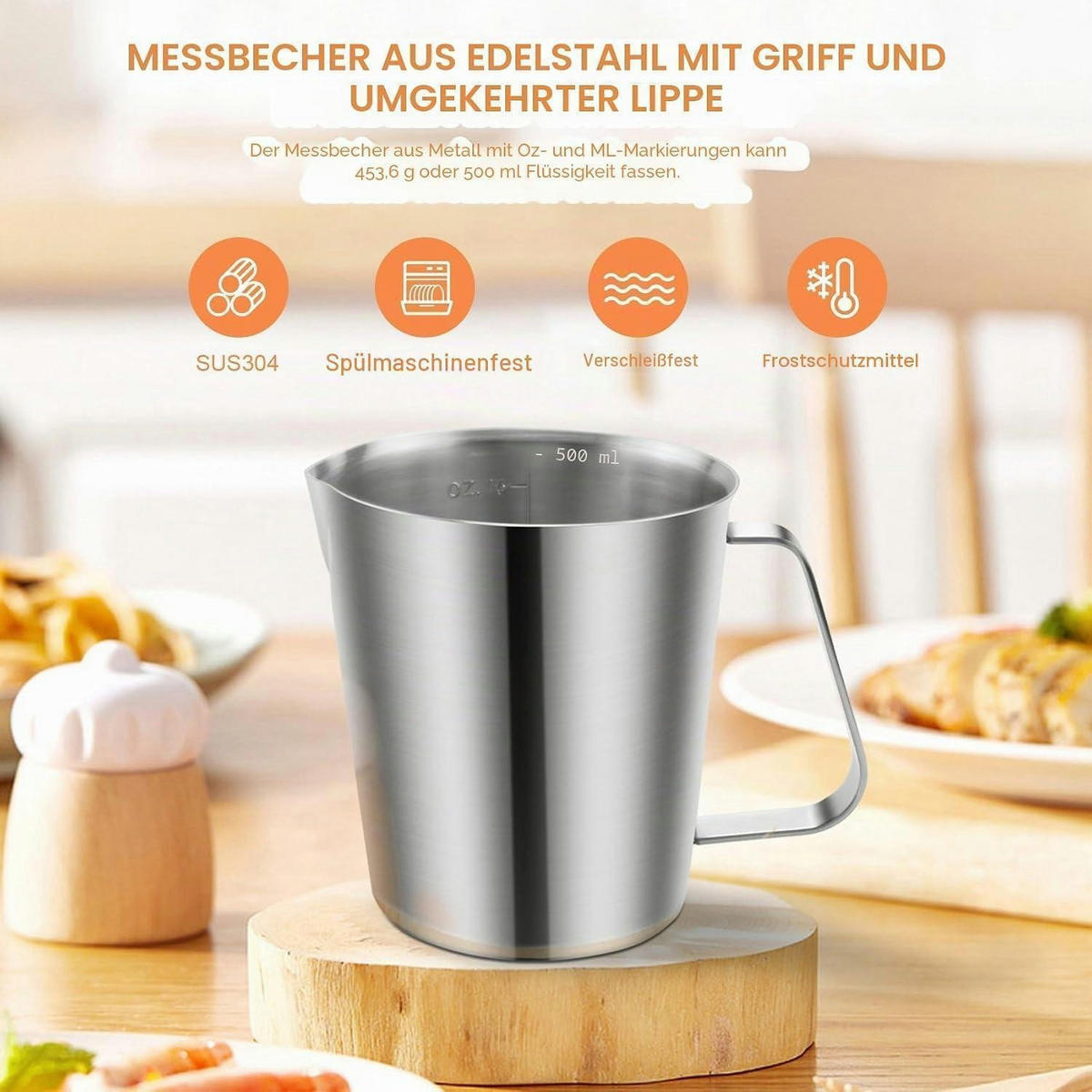 MESSBECHER Edelstahl 500 ml - Silberfarben, Metall (0.5L)