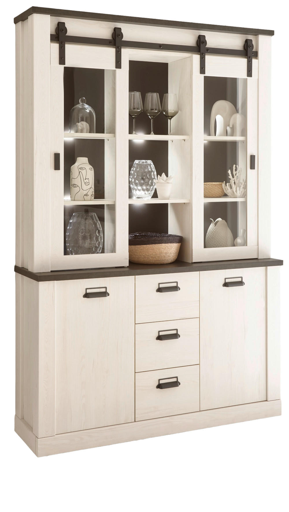 BUFFETSCHRANK weiß Pinie, anthrazit, Landhaus, Vitrinenschrank 133 x 201 cm - Anthrazit/Weiß, Holzwerkstoff/Metall (133/201/37cm) - Furn.Design