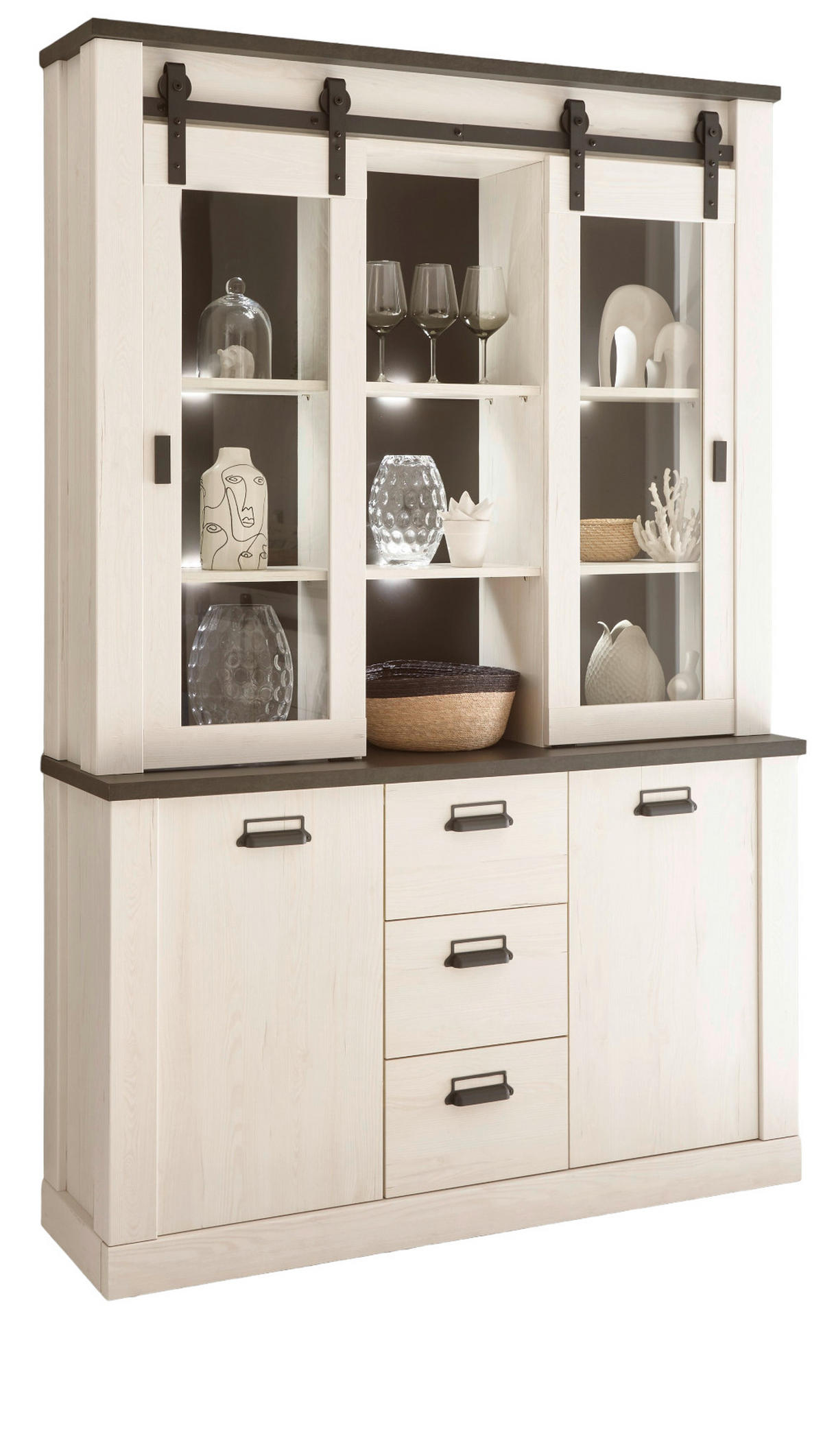 BUFFETSCHRANK weiß Pinie, anthrazit, Landhaus, Vitrinenschrank 133 x 201 cm - Anthrazit/Weiß, Holzwerkstoff/Metall (133/201/37cm) - Furn.Design