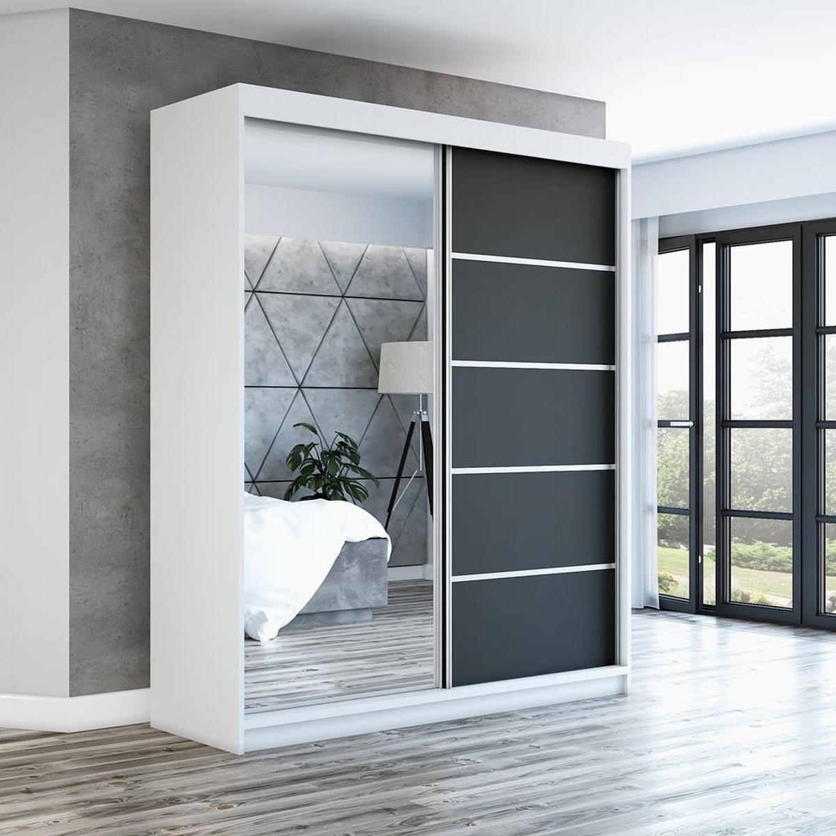 SCHWEBETÜRENSCHRANK 180 CM BERLIN Farbe: Weiß , schwarz - Schwarz/Weiß, Holzwerkstoff (180/215/59.5cm) - A&J MöbelLand