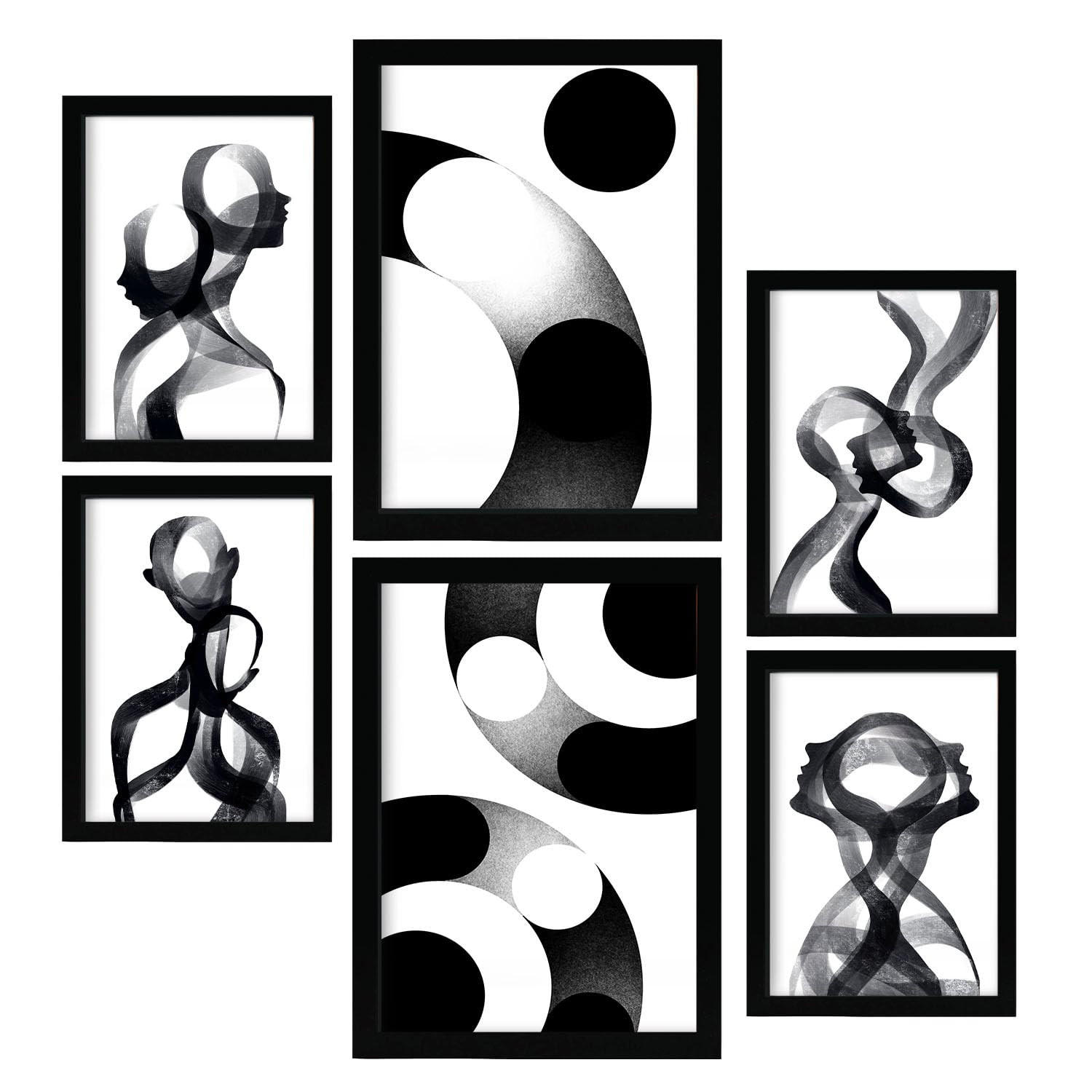 POSTER Set Mit 6 Stille Streifen In Liebhaber Abstrakt Ästhetische Dekorative Gemälde Für Ihr Wohnzimmer Schlafzimmer Zuhause A3 & A4 Schwarzer Rahmen - Schwarz, Papier (29/3cm) - Nacnic