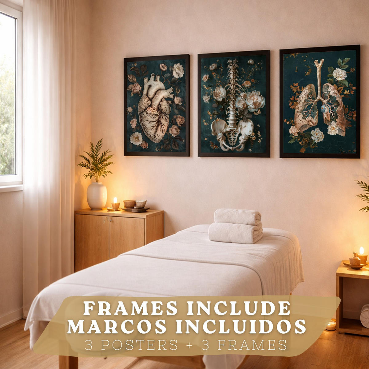 POSTER Set aus 3 Anatomie Mensch Drucke und Wandbilder mit Herz Atmungssystem und Skelett Botanischer Stil Wanddekoration Größe Schwarzer Rahmen A3 - Schwarz, Papier (29.7/42/3cm) - Nacnic