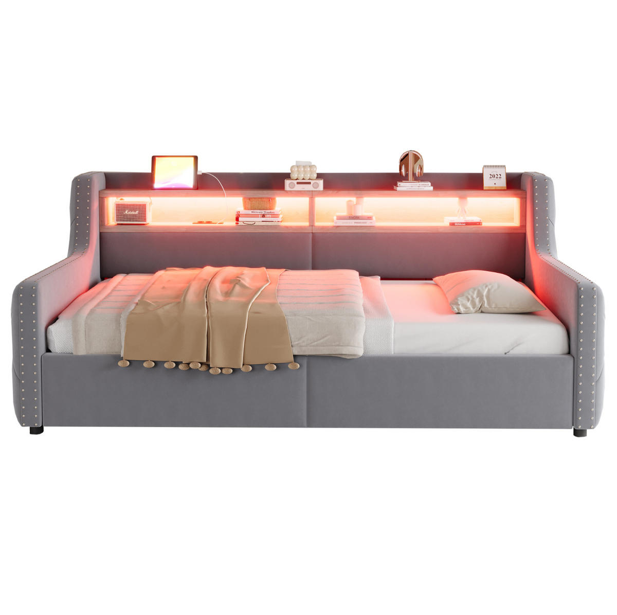 POLSTERBETT 90/200 cm aus Samt mit LED, Stauraum und Ladeanschlüssen Hellgrau - Hellgrau, Textil (90/200cm) - Modenvie