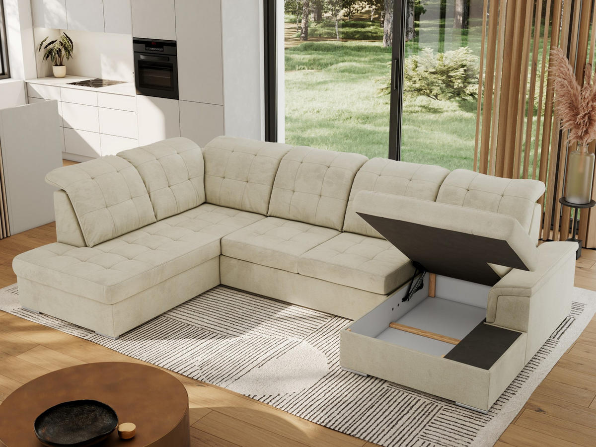WOHNLANDSCHAFT MADRITO U - Beige Velorus - Links - Beige/Silberfarben, Textil/Metall (204/89/323cm) - MKS