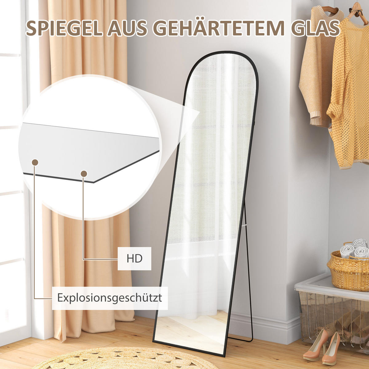 GANZKÖRPERSPIEGEL Aluminiumlegierung Hartglas Schwarz - Schwarz, Metall (50/170/1.5cm) - HOMCOM