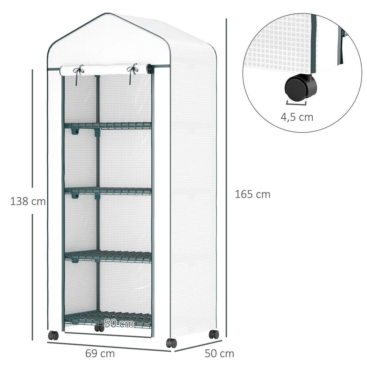 FOLIENGEWÄCHSHAUS , 69L x 50B x 165H cm - Weiß, Kunststoff/Metall (50/165/69cm) - Outsunny