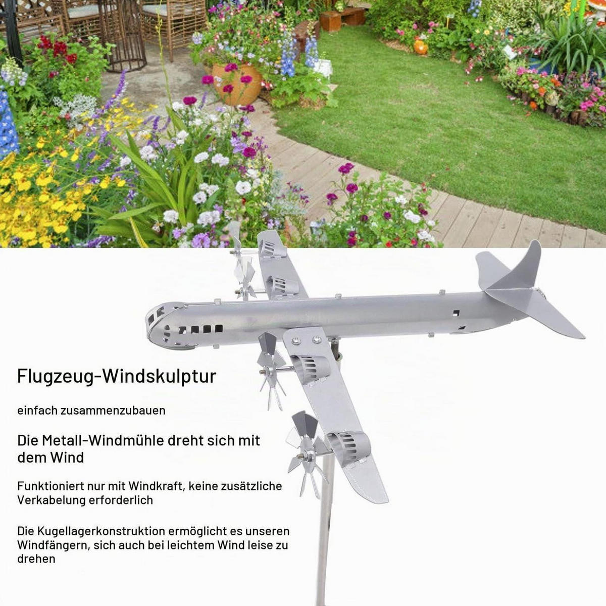 WINDSPIEL Flugzeug Edelstahl wetterfest - Silberfarben, Metall (60/50/30cm)