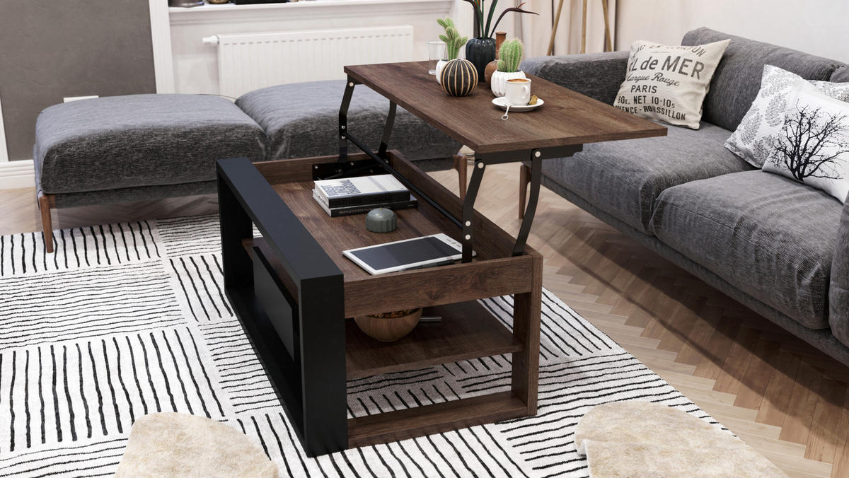 COUCHTISCH rechteckig Eiche dunkel Schwarz aufklappbar - Schwarz/Braun, Holzwerkstoff (60/110/45cm) - designimpex