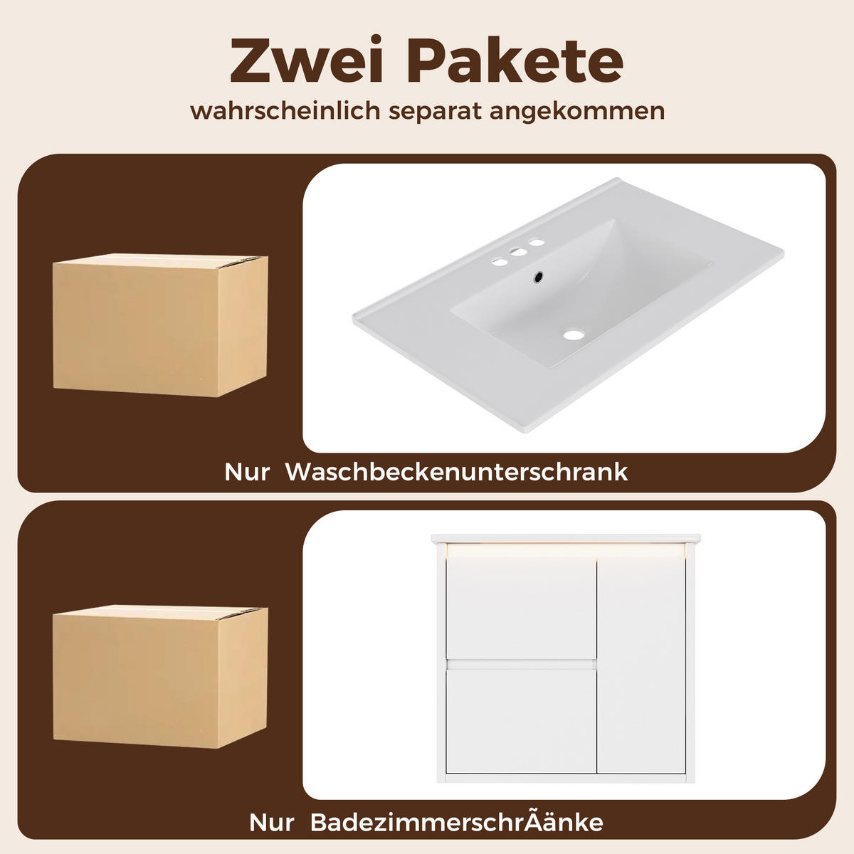 WASCHTISCHKOMBI 61/46.5/57 cm Weiß mit 2 Schubladen und LED-Radarsensorleuchte, ohne Wasserhahn - Weiß, Holz/Holzwerkstoff (46.5/57/61cm) - Oxeza