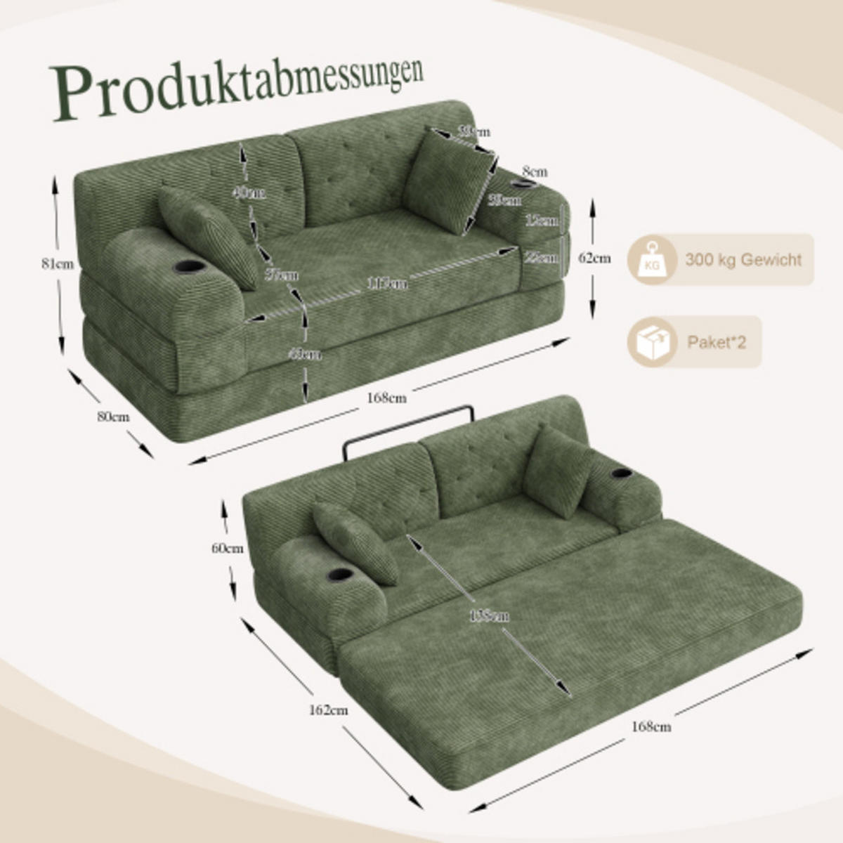 SCHLAFSOFA mit Metallrahmen grün 168×80×81 cm aus Cordstoff - Grün, Textil (80/81/168cm) - Luhomfu