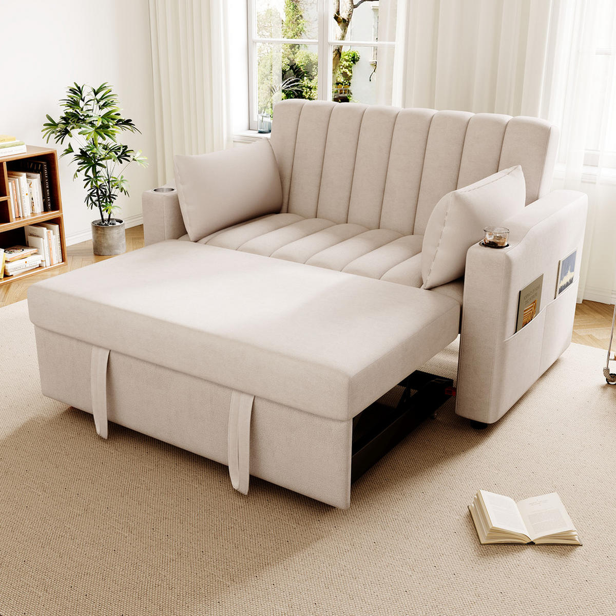 SOFA Multifunktions Modernes Schlafsofa mit verstellbarer Rückenlehne - Beige, Holz (113/84/61cm) - FLIEKS