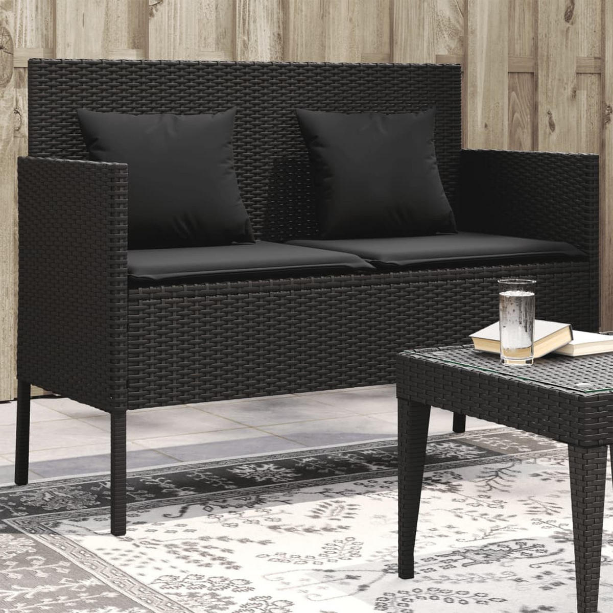 GARTENBANK mit Kissen Schwarz Poly Rattan - Schwarz, Kunststoff (113/87/61cm) - furnicato