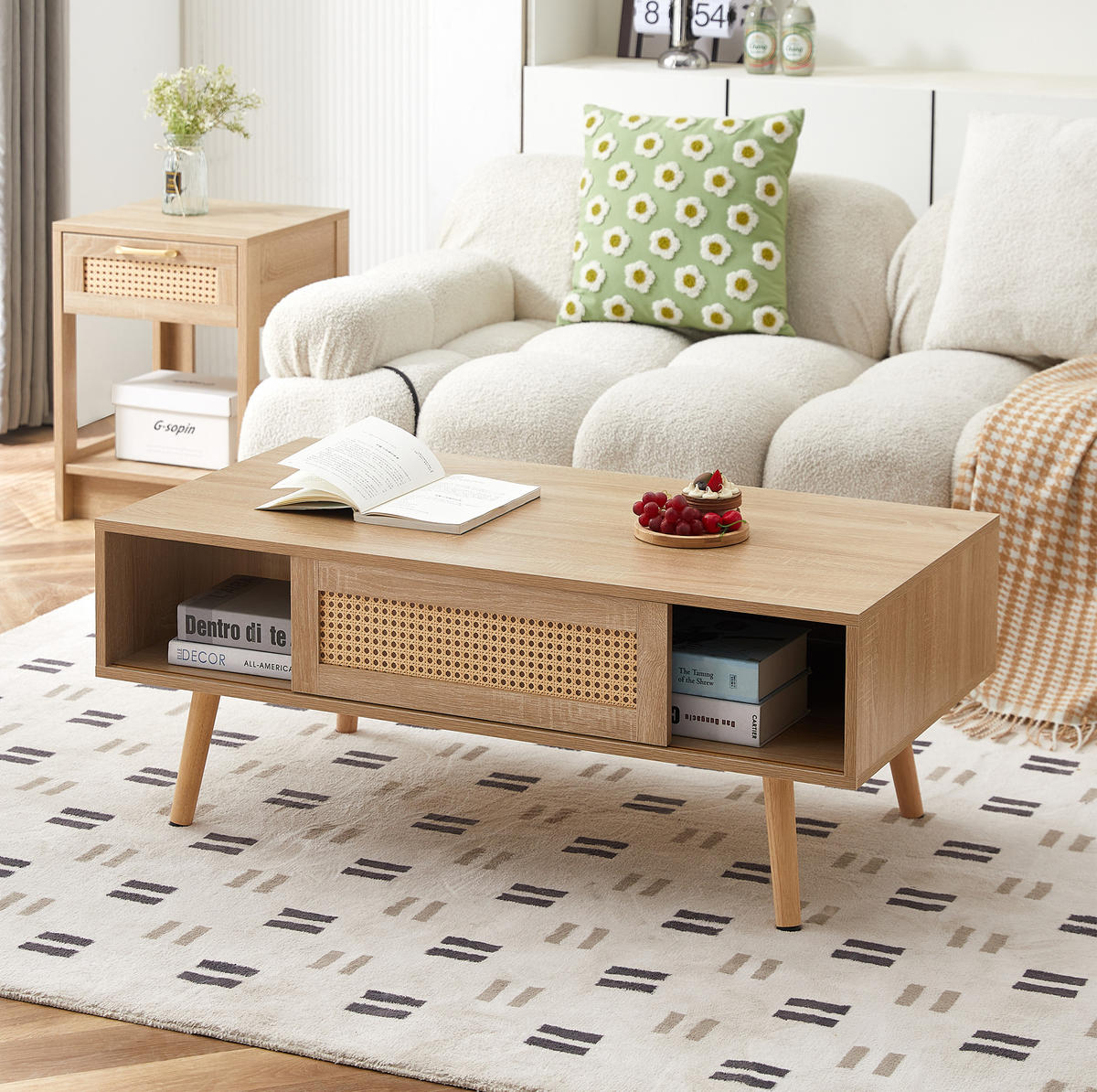 KONFERENČNÍ stolek 105/55/40 cm přírodní z MDF s ratanovými posuvnými dvířky - hnědá, kompozitní dřevo (105/55/40cm) - OKWISH