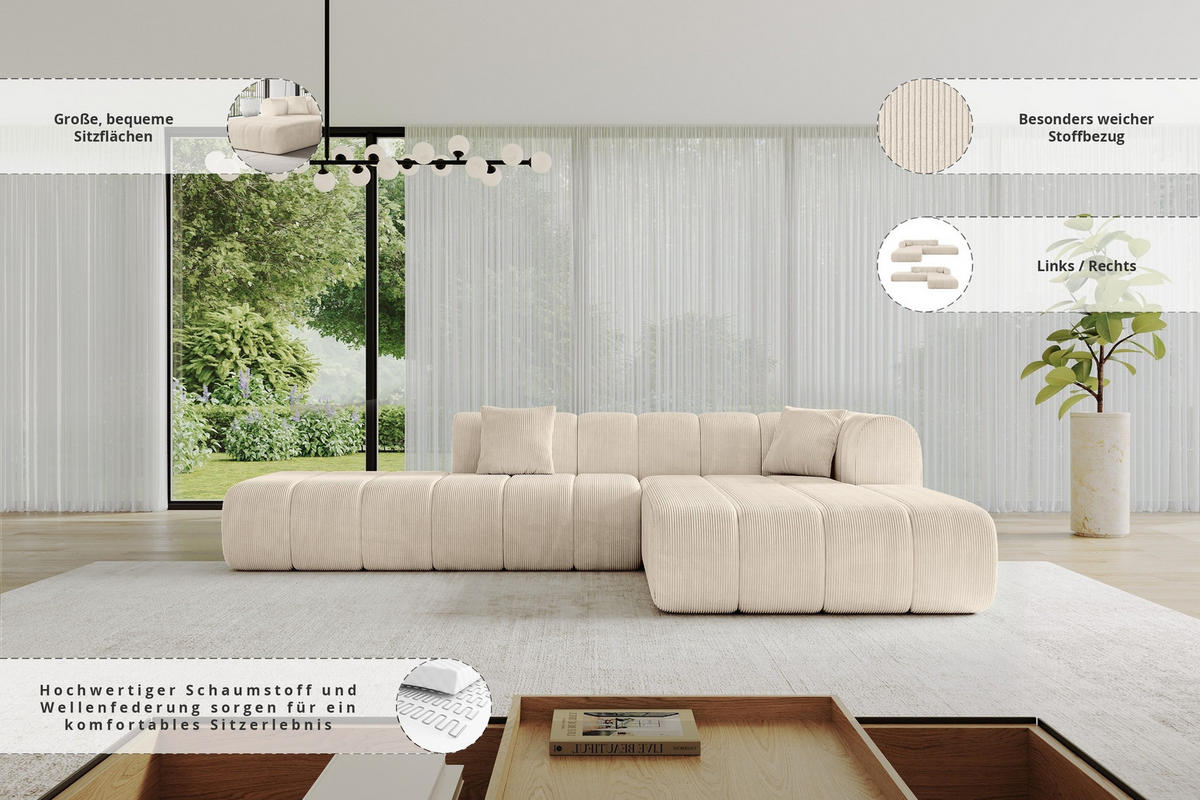 ROHOVÁ SEDAČKA s otomanem, pravá BILA-L 289x176x71 Béžová Manšestr - černá/kašmírová, kompozitní dřevo/textil (289/176cm) - ALTDECOR