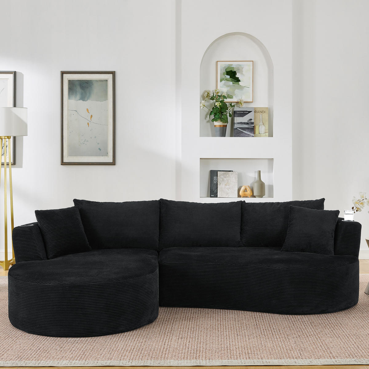 SOFA 3-Sitzer mit Getränkehaltern und Kissen aus weichem Kordstoff, Schwarz - Schwarz, Kunststoff (264/76/168cm) - Redom