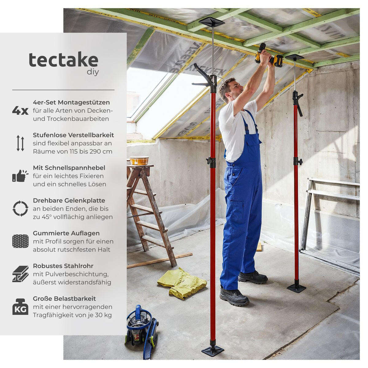 TELESKOPSTÜTZEN 4er Set, mit Schnellspannsystem, rot - Rot, Textil - tectake