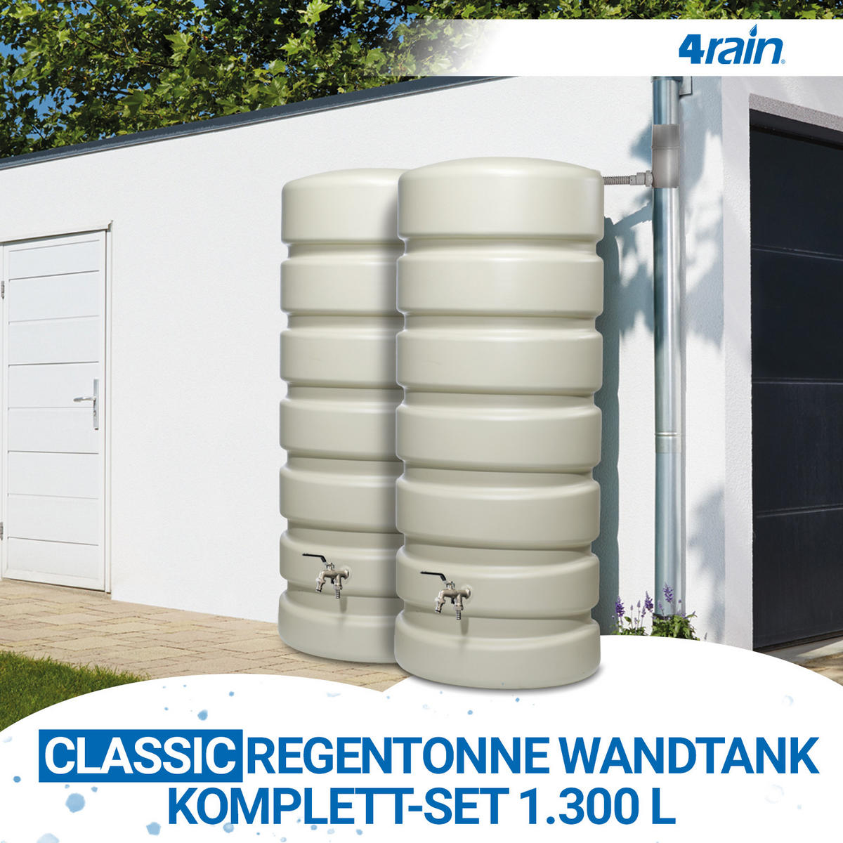 REGENTONNE Wandtank-SET Komplett-Set 1300 L, sandbeige 2 x 650 L, inkl. Verbinder und Fallrohranschluss - Beige, Kunststoff (160/192/60cm) - 4rain