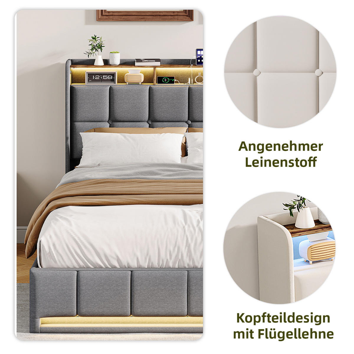 POLSTERBETT 160x200 cm LED USB C Hydraulik Stauraum Metall grau - Grau, Holz (160/200cm) - LEBENLANG