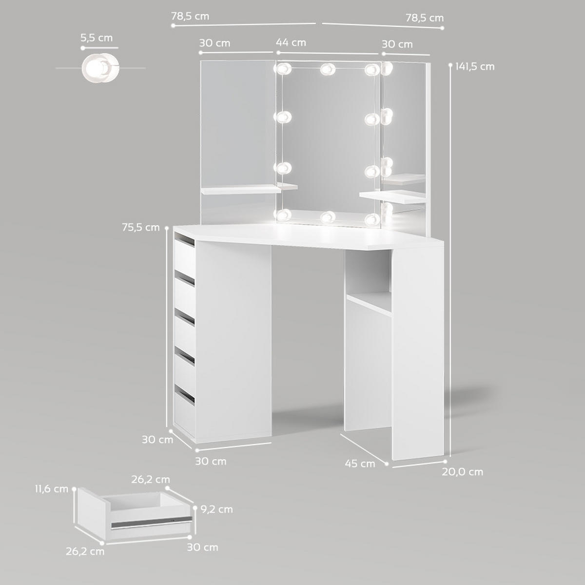 ECKSCHMINKTISCH Enna Weiß 110 cm mit LED Beleuchtung - Weiß, Holzwerkstoff (110/141.5/54cm) - Livinity®