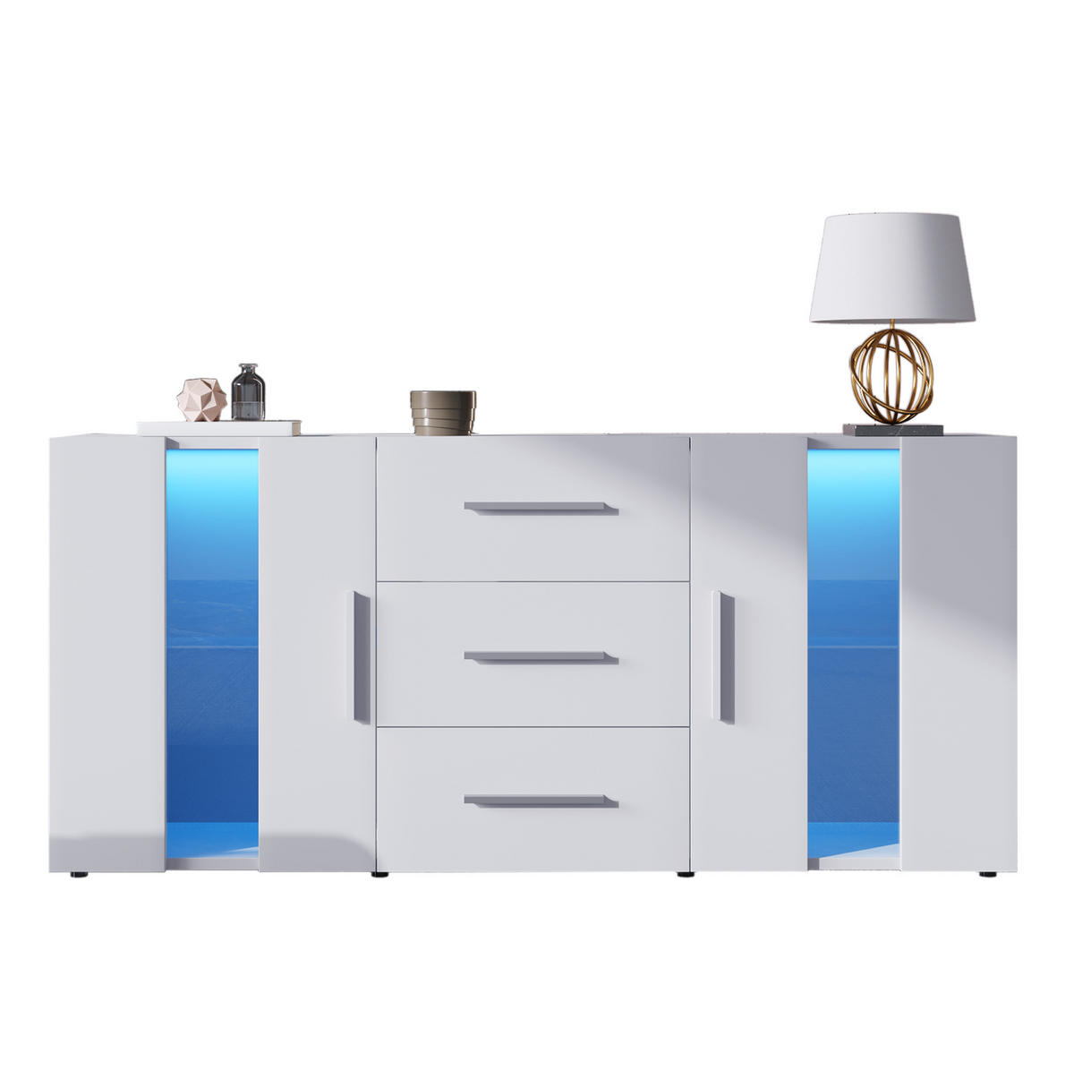 KOMODA z MDF 140x35x70 cm bílá s LED osvětlením, USB napájením a úložným prostorem - bílá, kompozitní dřevo (140/70/35cm) - Modfu