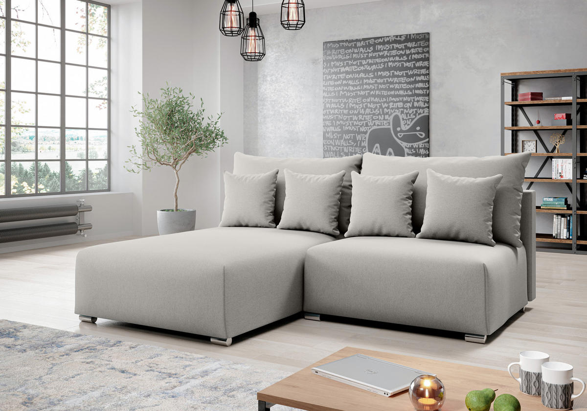 ECKSOFA L Form Ederra Hellgrau 208/190/91 cm – großes Sofa mit Schlaffunktion L - Silberfarben/Hellgrau, Textil/Metall (190/208cm) - AX Living