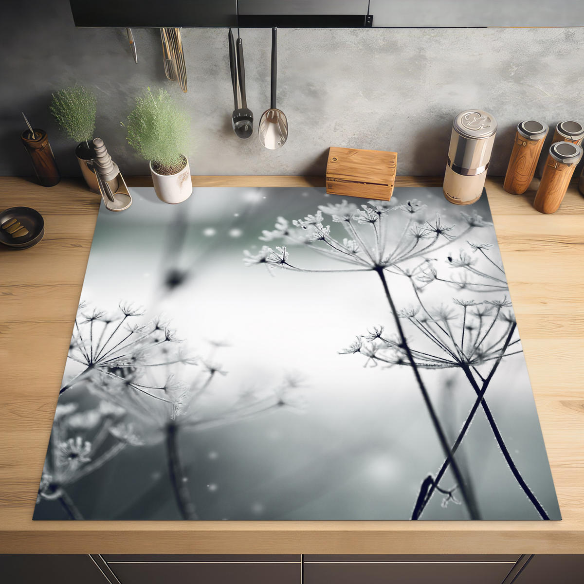 HERDABDECKPLATTE Blumen - Winter - Schnee - Natur Induktionsmatte 78x78 cm - Grau, Kunststoff (78/78/0.2cm) - MuchoWow
