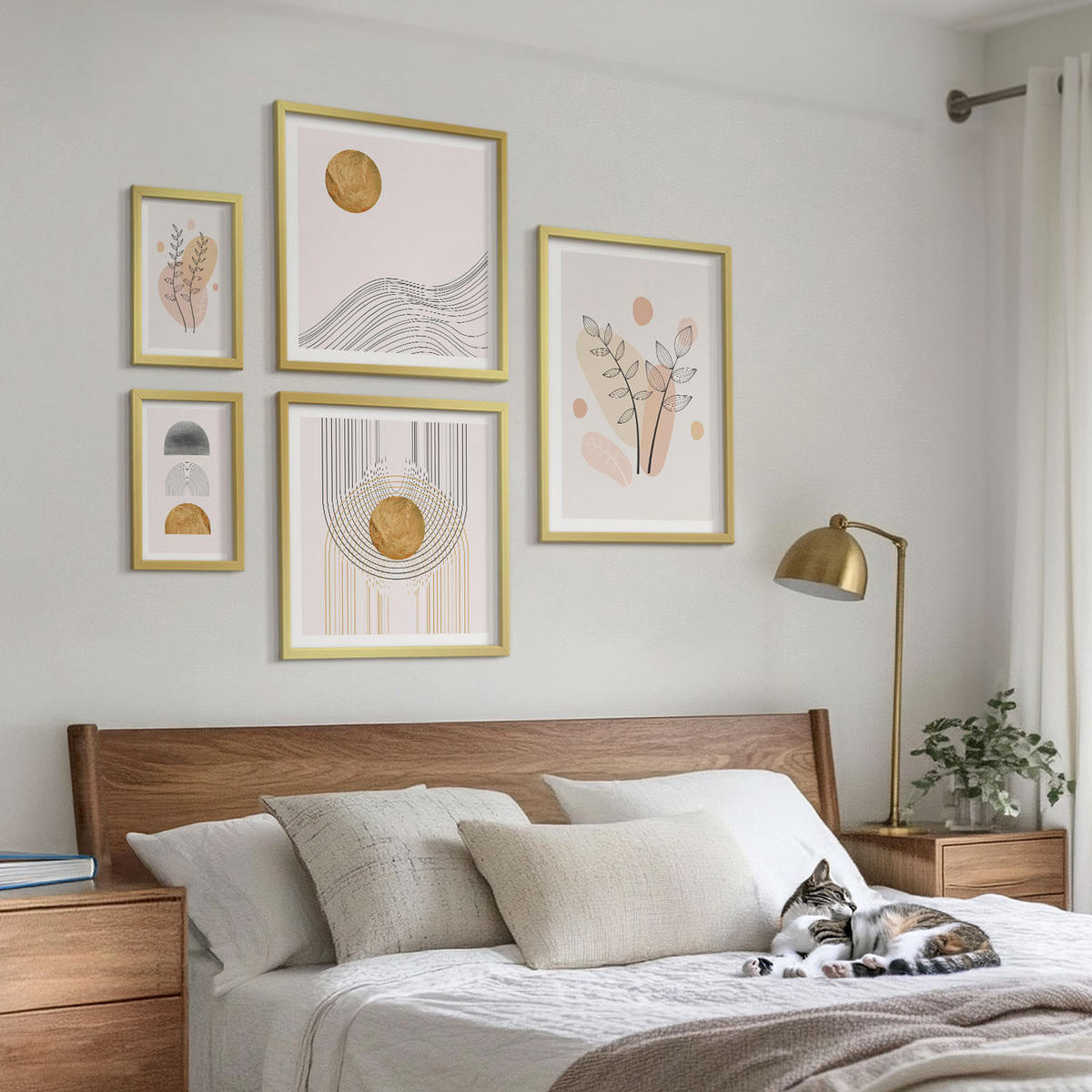 WANDBILDER 5er Set - 50x50 cm & 20x30 cm & 40x60 cm Goldrahmen - Berge, Wasserfälle, Vögel, Blumen - Goldfarben, Kunststoff (40/60cm) - ArtPrintCave
