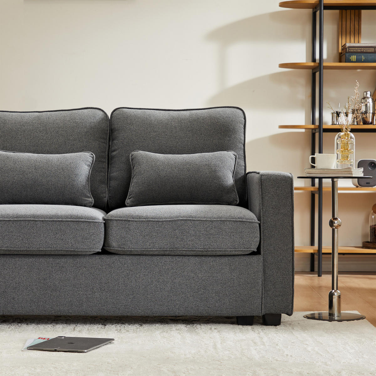4-SITZER-SOFA Mit Leinenarmlehnen Und 4 Kissen Grau 264/83/87 cm - Grau, Holzwerkstoff/Metall (83/87/264cm) - Urban Meuble