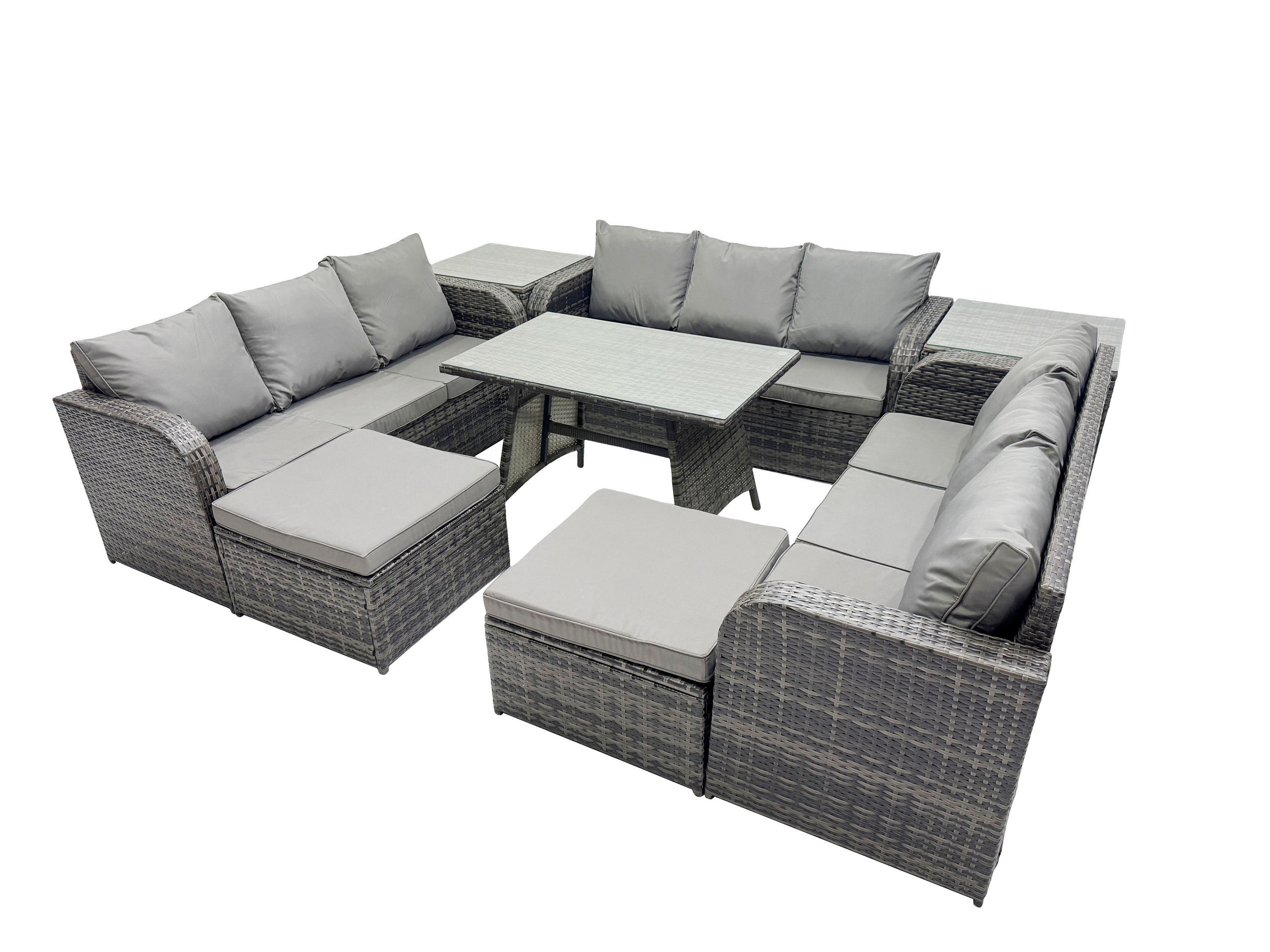 GARTENMÖBELSET mit ESSTISCH, 3-SITZER SOFA Polyrattan 11-Sitzer - Dunkelgrau/Grau, Glas/Kunststoff - Fimous