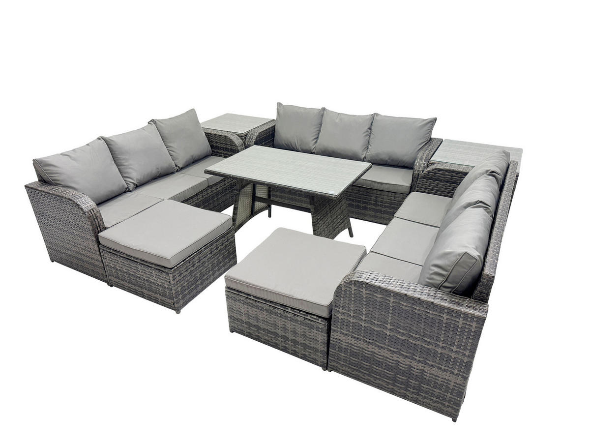 GARTENMÖBELSET mit ESSTISCH, 3-SITZER SOFA Polyrattan 11-Sitzer - Dunkelgrau/Grau, Glas/Kunststoff - Fimous