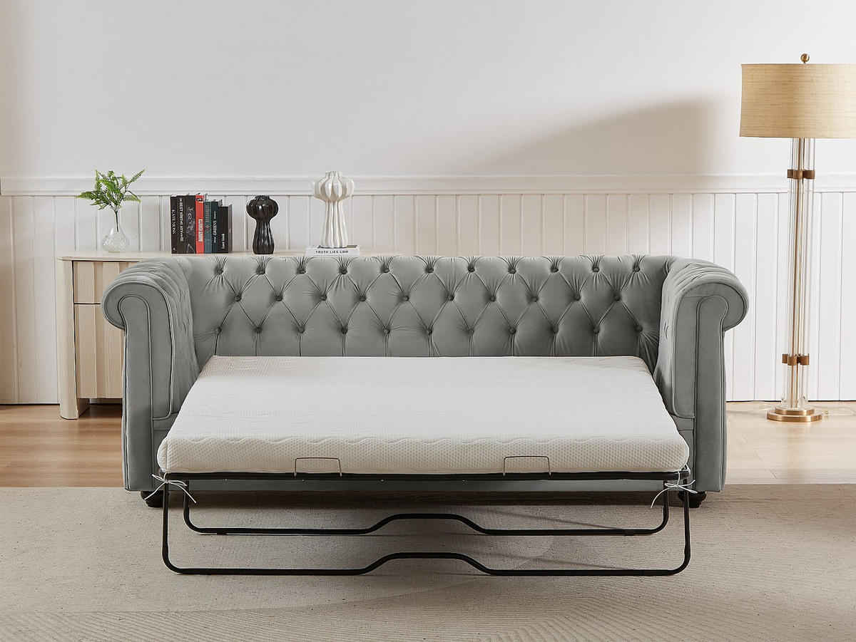 SOFA mit Schlaffunktion 3-Sitzer - Samt - Hellgrau - CHESTERFIELD - Hellgrau, Textil (204/85/89cm) - Vente-Unique