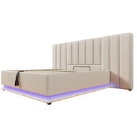 TAPECIRANI krevet od lana 160x200 cm bež s LED rasvjetom, USB i USB-C priključcima te hidrauličkim spremištem - bež, tekstil (160/200cm) - Modfu