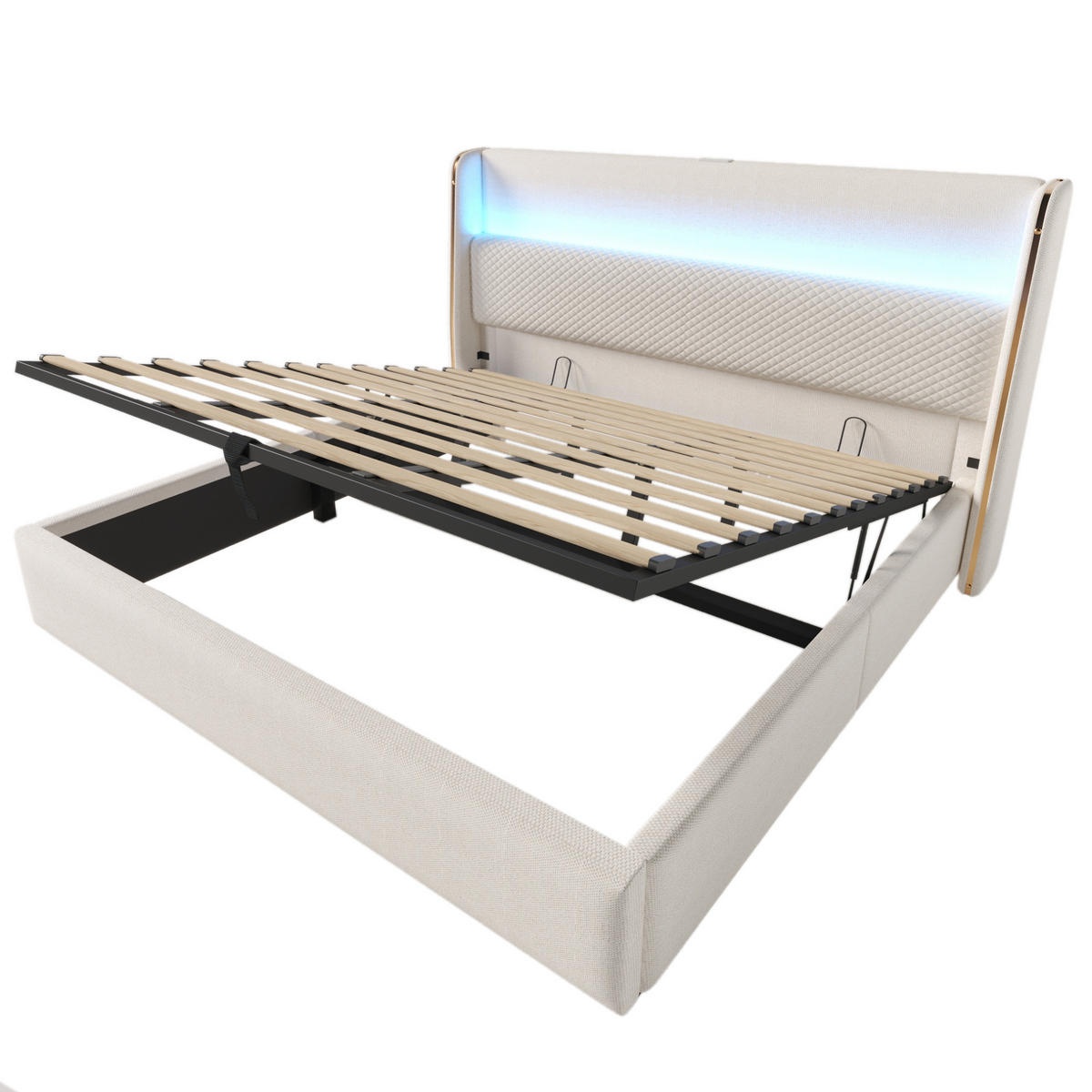ČALÚNENÁ posteľ z ľanu 180x200 cm béžová s LED osvetlením, USB a Type-C, hydraulickým úložným priestorom - béžová, textil (180/200cm) - Modfu
