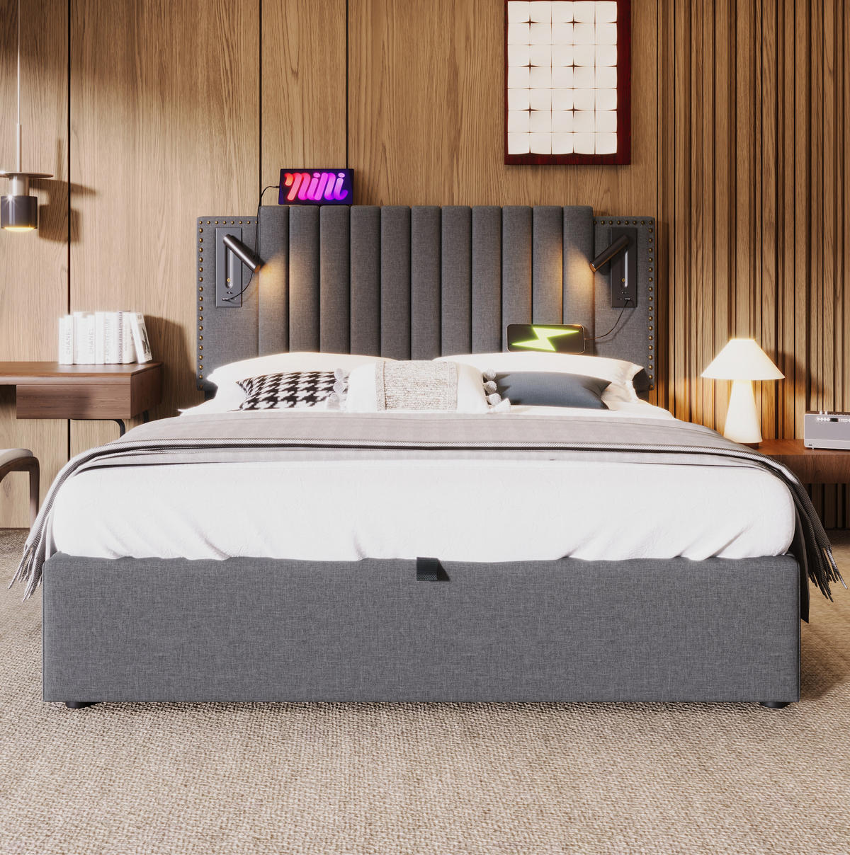 POLSTERBETT 140/200 cm grau aus Baumwolle mit USB-C, Leselicht und Bettkasten - Grau, Textil (140/200cm) - OKWISH