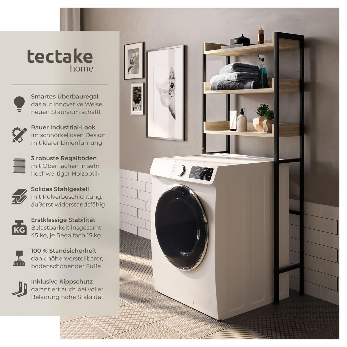 BADEZIMMERREGAL Seattle,inklusive Kippschutz,Industrial Holz hell, Eiche Sonoma - Naturfarben, Holz (63/165/25cm) - tectake