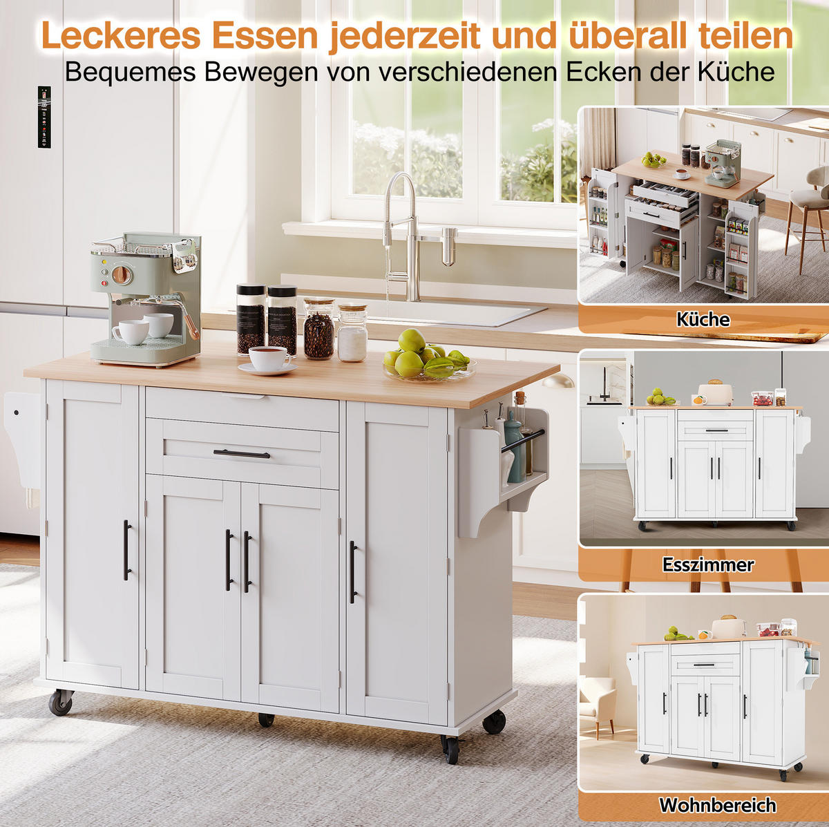 KÜCHENINSEL 136/70/92 cm in Weiß/Natur mit ausziehbarer Arbeitsplatte - Weiß, Holzwerkstoff (136/92/70cm) - Flora Grace
