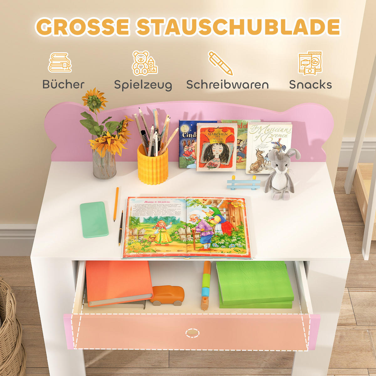 KINDERSCHREIBTISCH Set mit Tischplatte & Schublade Kinder Schreibtisch und Stuhl - Rosa, Holz (41/74.5/80cm) - AIYAPLAY