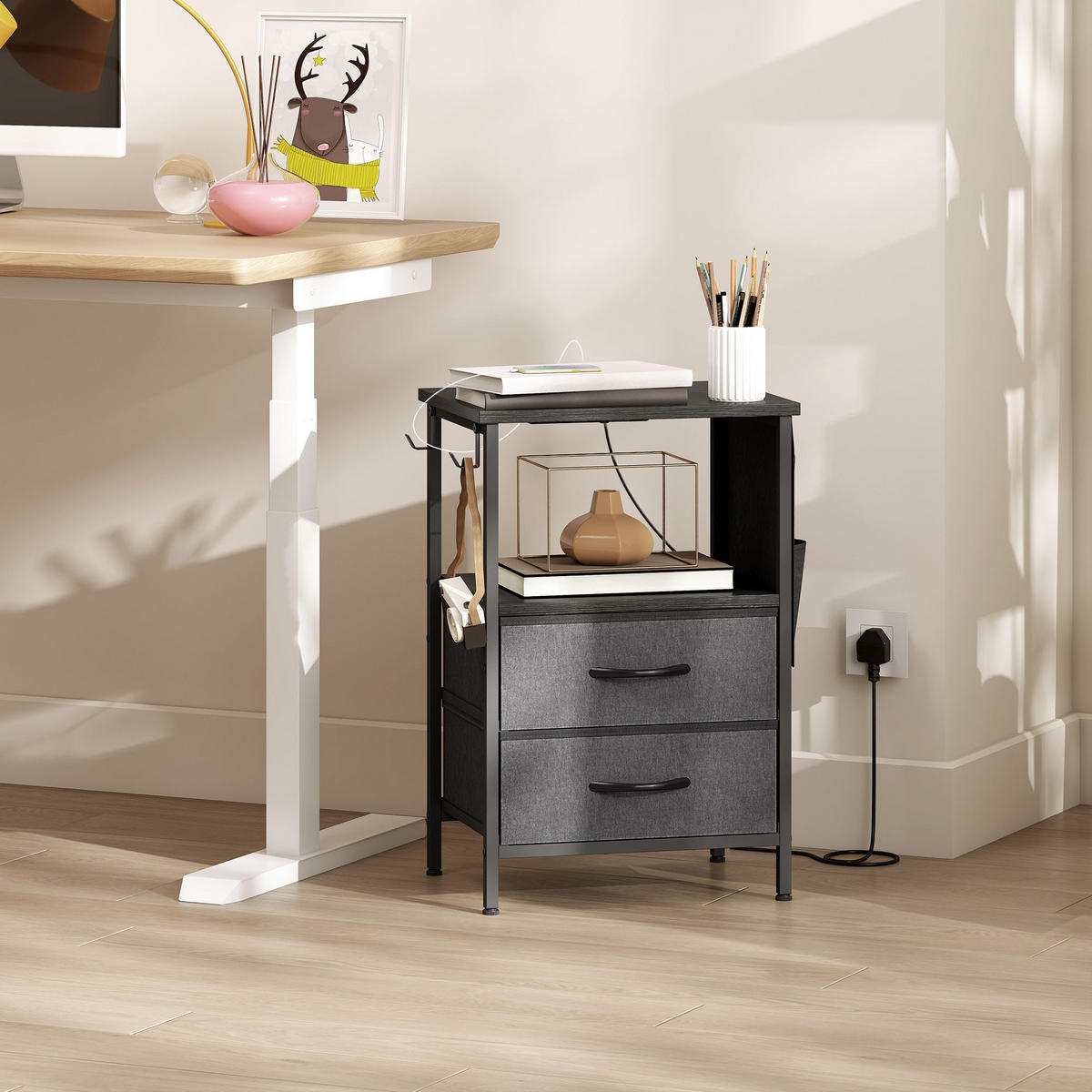 COUCHTISCH DE-08768 mit Ladestation, USB-C & Schubladen Schwarz - Schwarz, Metall (40/30/60cm) - ComfortXL
