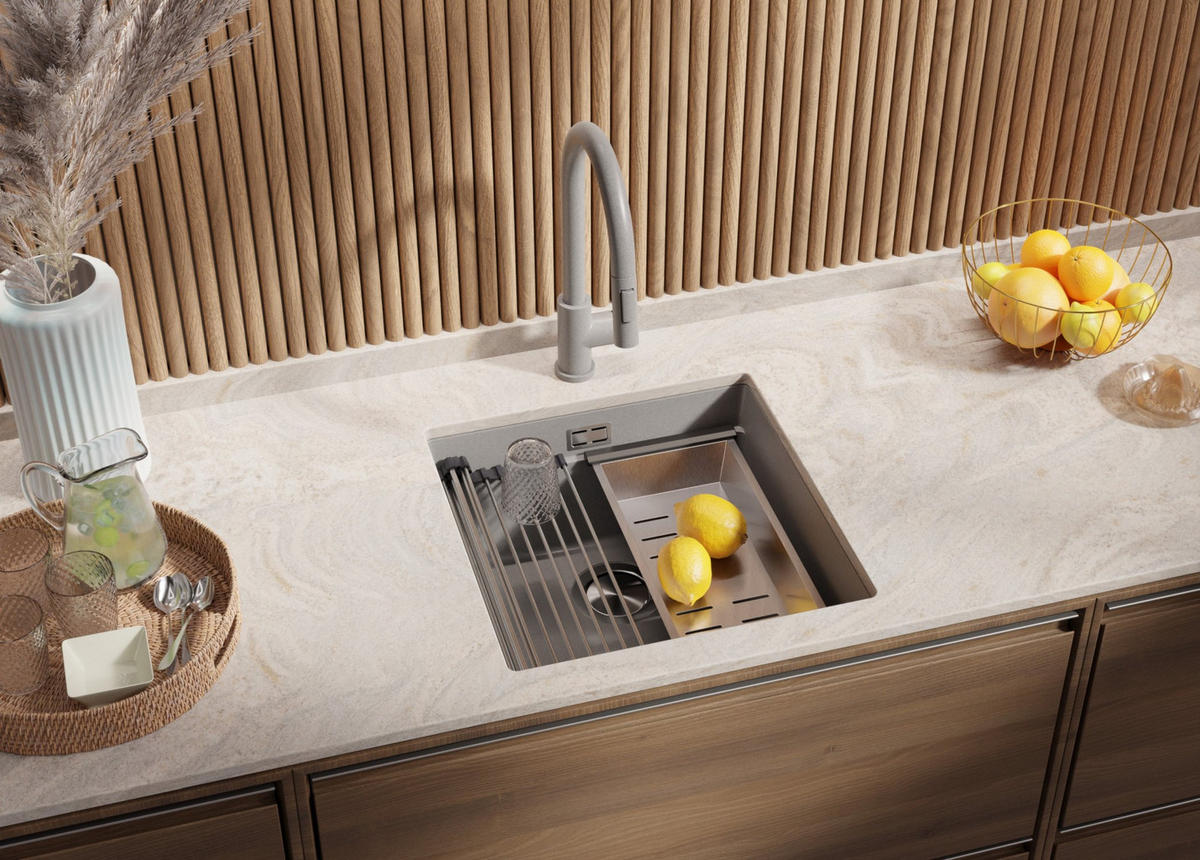 UNTERBAUSPÜLE GRANIT Praga, 2-er set Grau 46/47 cm 1 Becken + Ablauf-Set + Aufrollbare Abtropffläche ab 50er Unterschrank - Chromfarben/Grau, Kunststoff (46/20/47cm) - Primagran