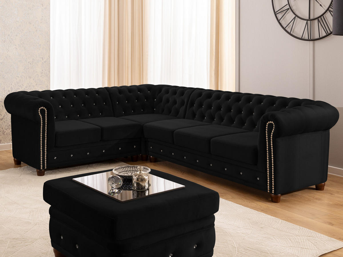ECKSOFA mit Schlaffunktion Chesterfield Schwarz Samt mit Kristallsteppung und braunen Massivholzfüßen - Ottomane Links - Schwarz/Braun, Holz/Textil (264/210cm) - S-Style Möbel