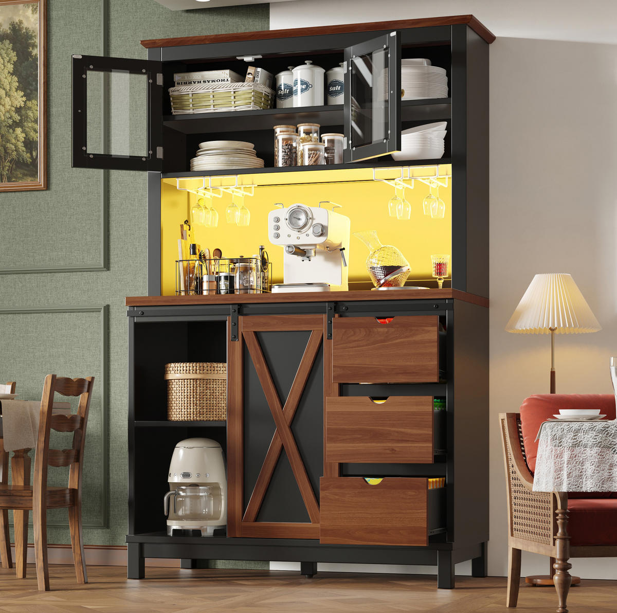 HOCHSCHRANK 104/40/180 cm mit LED-Beleuchtung, Schiebetür und verstellbaren Einlegeböden, Glasfront aus MDF/Metall, Schwarz - Schwarz, Glas (104/180/40cm) - Redom