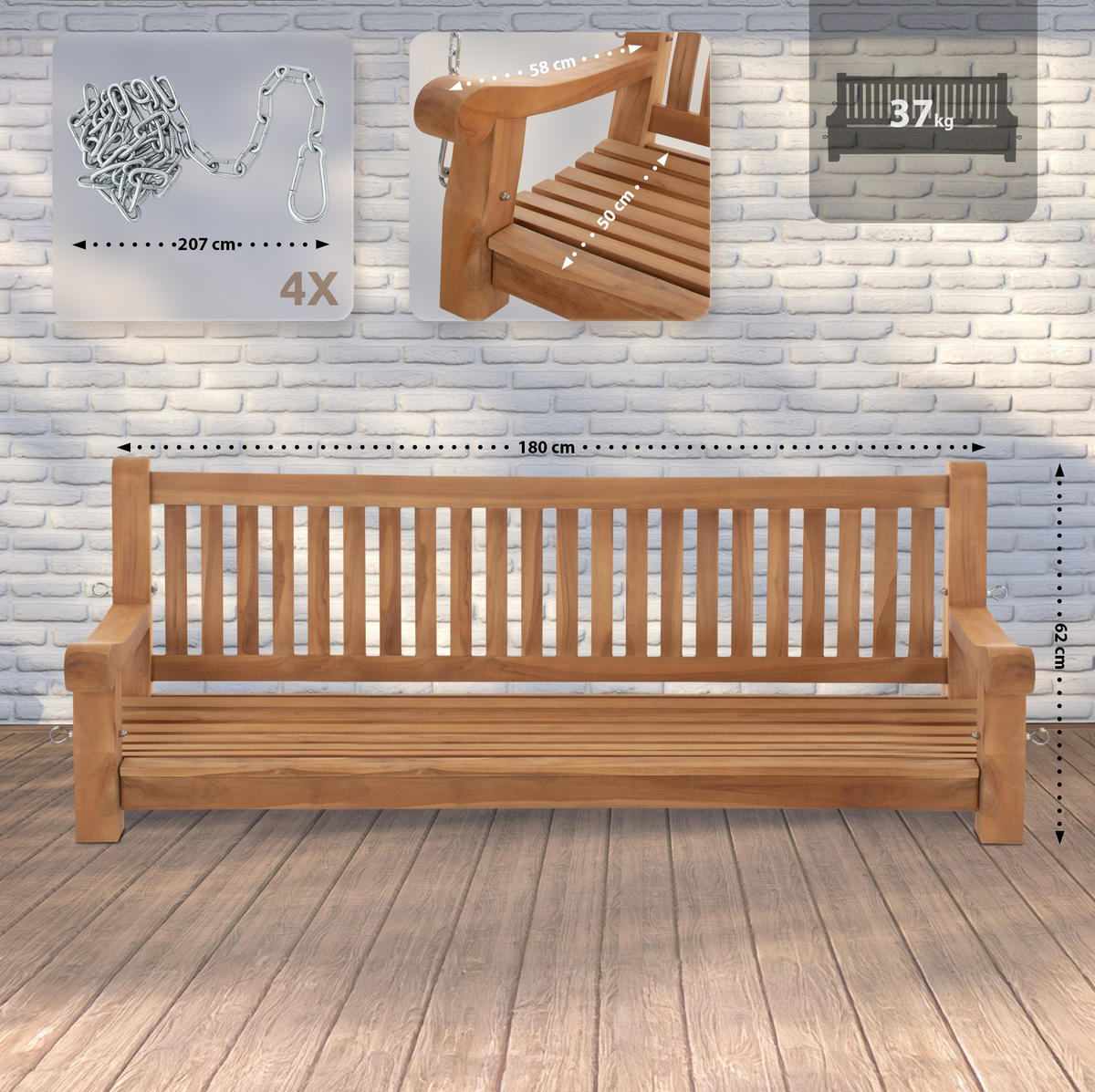 SCHAUKELBANK Muver Holz Teak Hängebank - Teakfarben, Holz (180/62/70cm) - DELUKE