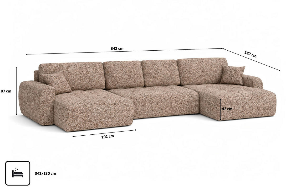 ECKSOFA Mit Schlaffunktion Und Bettkasten U-Form Ivo U, Chenillestoff Artico, Beige - Beige, Holz (342/142cm) - Kaiser Möbel