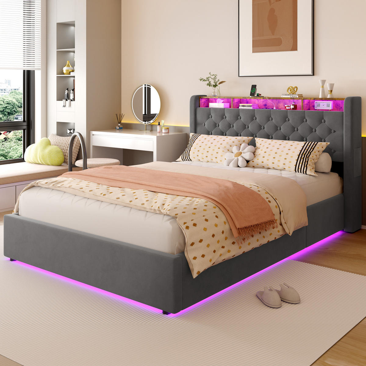 POLSTERBETT 140/190 cm in Grau, mit Bettkasten, LED und USB, ohne Matratze - Grau, Holzwerkstoff/Textil (140/190cm) - WISHDOR