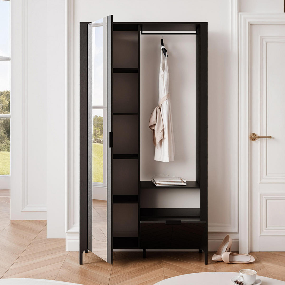 GARDEROBENSCHRANK LORIEN in 105/33/197 cm, Schwarz - Schwarz, Holzwerkstoff/Metall (105/197.1/33cm) - Idohome