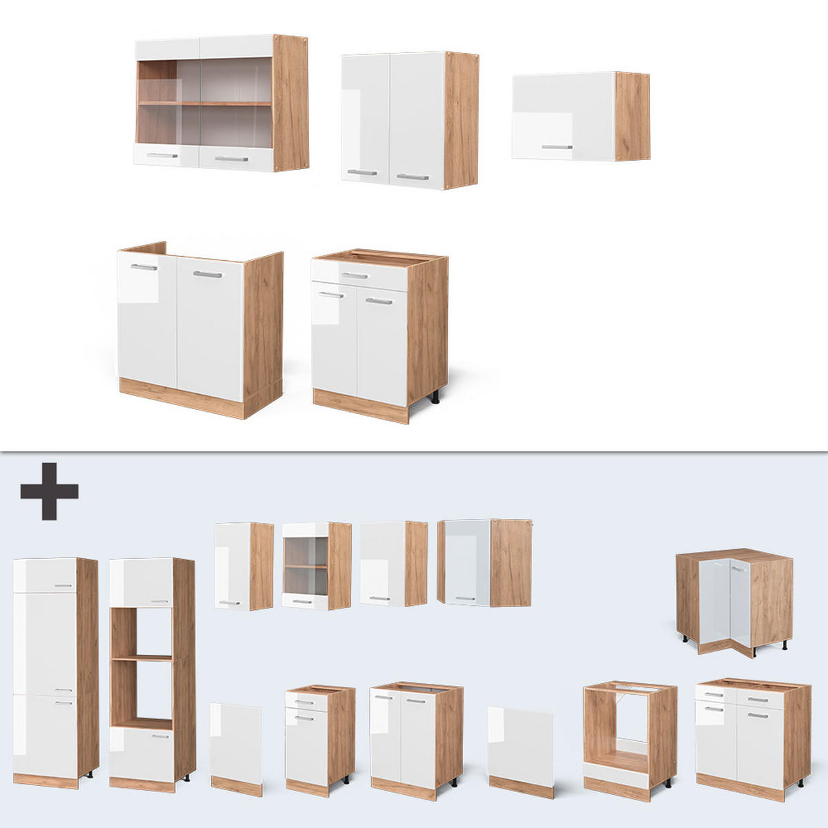 KÜCHENZEILE R-Line Weiß Hochglanz/Goldkraft Eiche 200 cm, AP Marmor - Weiß Hochglanz/Eiche Wotan, Holzwerkstoff (200/81.6/60cm) - Vicco