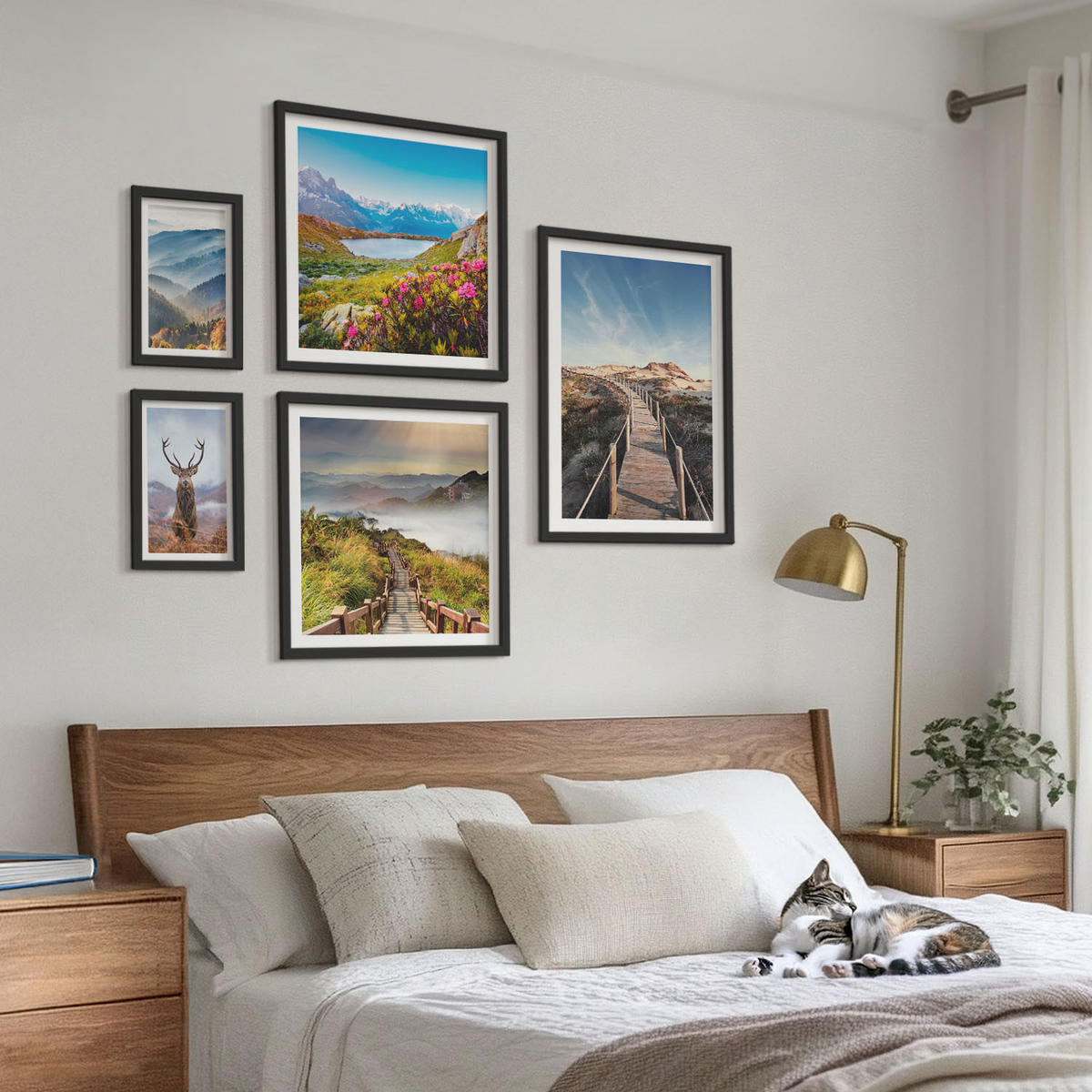BILDER SET 5er Set - 50x50 cm & 20x30 cm & 40x60 cm Schwarzer Rahmen - Berglandschaft, See, Hirsche - Schwarz, Kunststoff (40/60cm) - TULUP